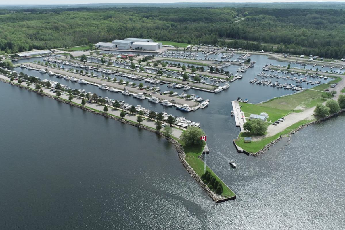 ariel view of Wye Heritage Marine Resort in Midland Ontario